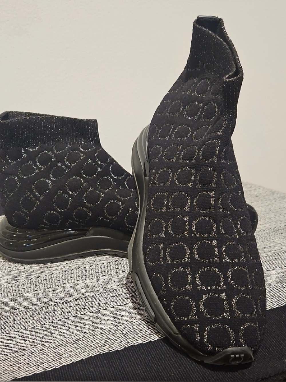 Salvatore Ferragamo Black Knit Logo Sock Sneakers size 8